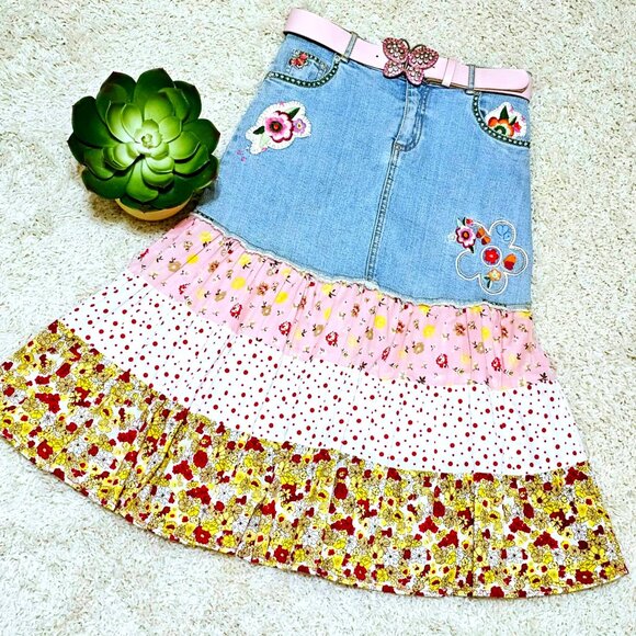 Hand Crafted Other - Skirt. Denim Pink Yellow Multi Tiered Floral Pattern. Upcycled Girls Size 10 GUC